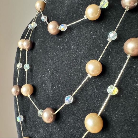 Lia Sophia Station Necklace Gold Brown Beige Pearls (Vintage Flapper Girl Pearl) - Picture 4 of 17